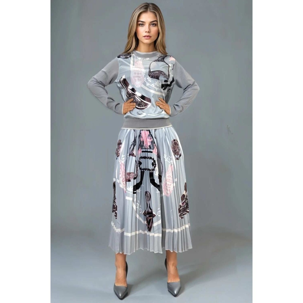 Pleated Midi Skirt with Pink & Black Motif in Light Gray